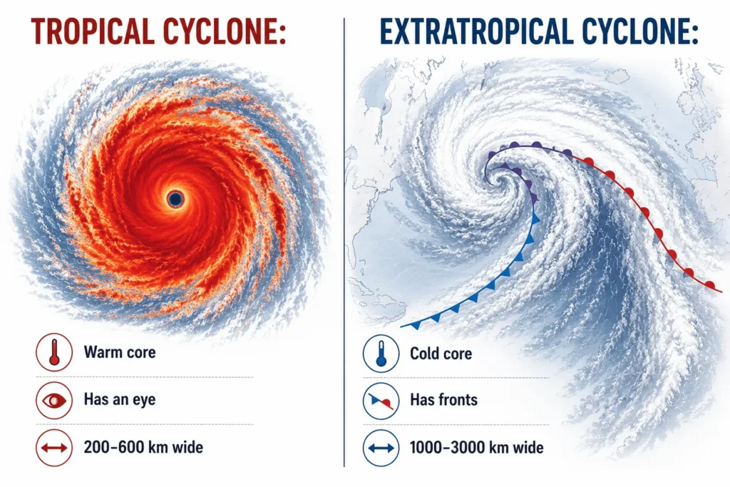 Side-by-side comparison diagram of tropical cyclone versus extratropical temperate cyclone