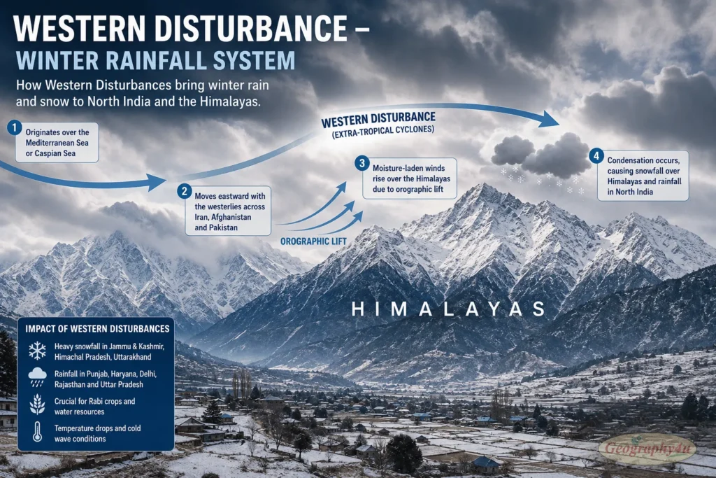 Snow-covered Himalayan mountains from Western Disturbance winter rainfall system