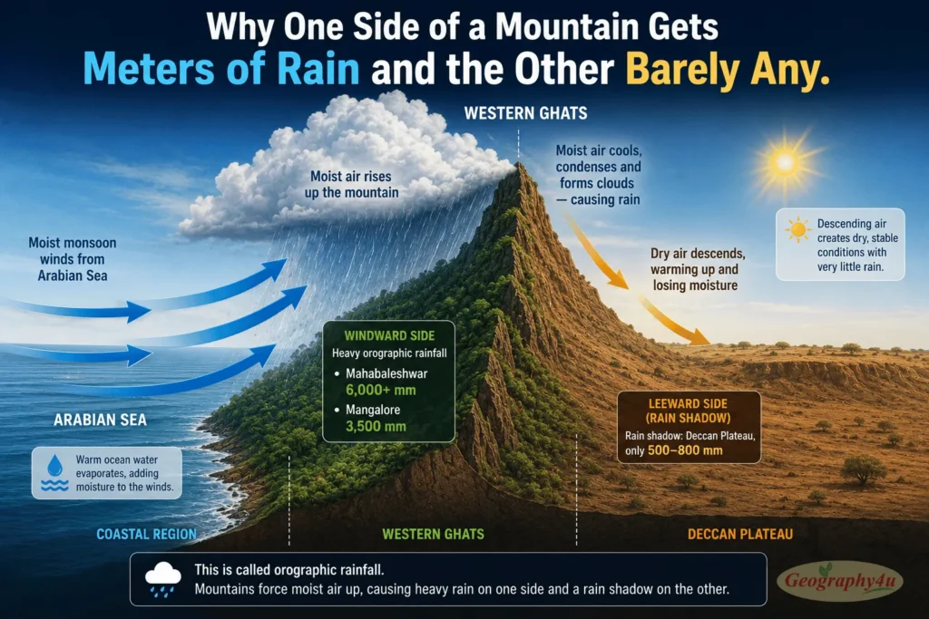 Orographic effect diagram showing Western Ghats windward rainfall versus leeward rain shadow