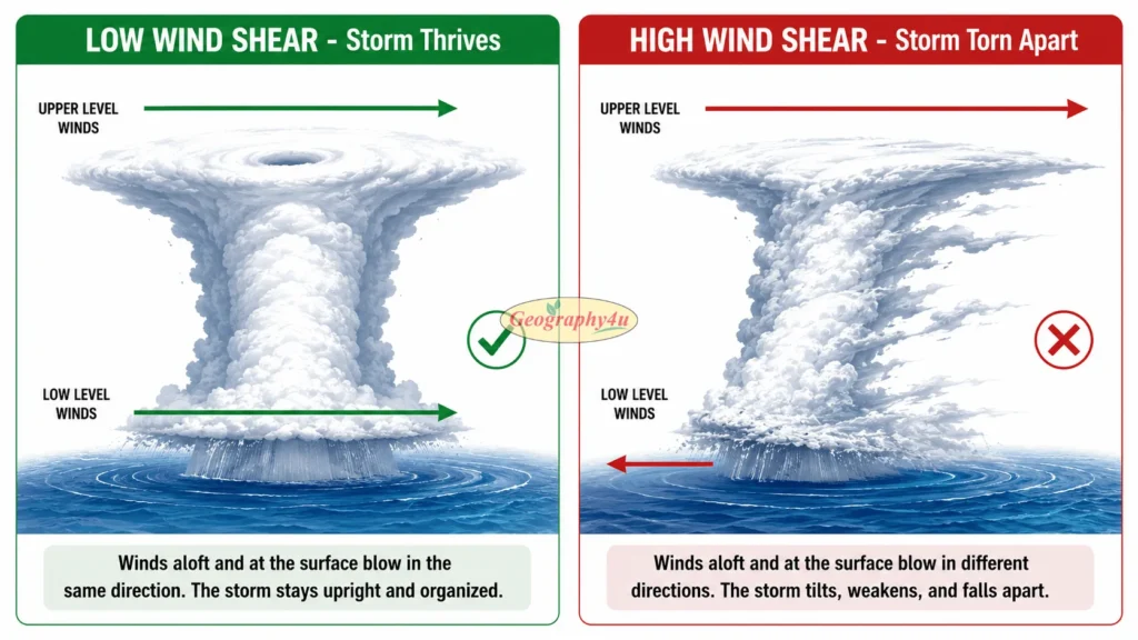 Diagram showing low wind shear allowing hurricane development versus high wind shear tearing storm apart
