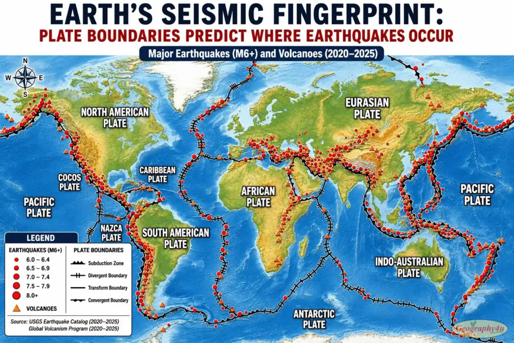 World map earthquakes volcanoes 2020 2025 overlaid on plate boundaries