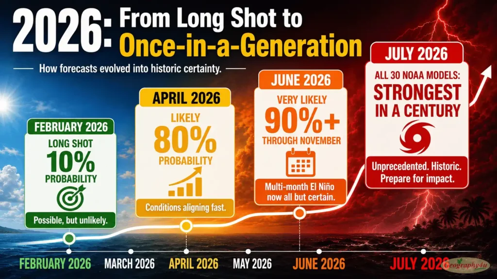 2026 El Niño escalating from 10% in February to record by July