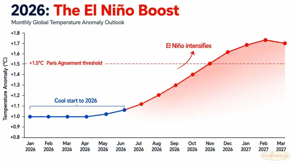 2026 monthly temperatures with El Niño boost projection