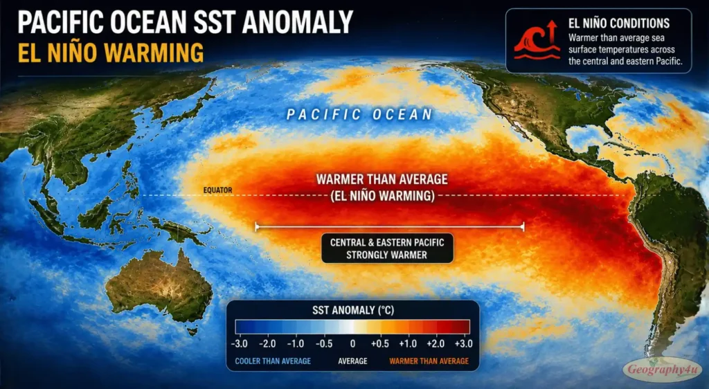 Pacific Ocean SST anomaly showing El Niño warming