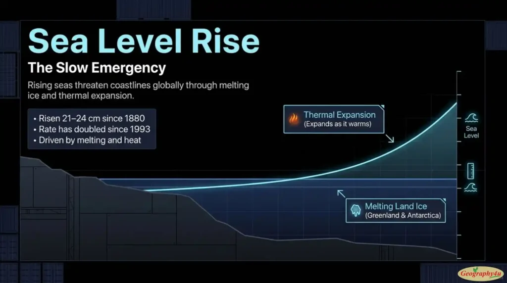 Global sea level rise 1880 to 2026 with accelerating trend