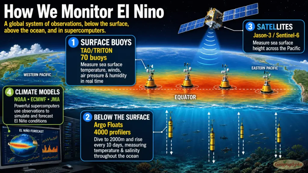ENSO monitoring — buoys, Argo floats, satellites