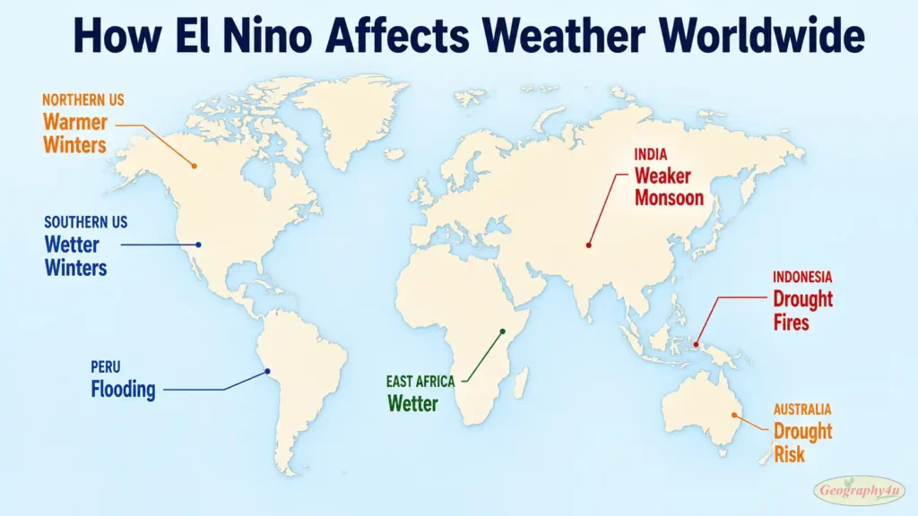 World map showing El Niño weather impacts by region