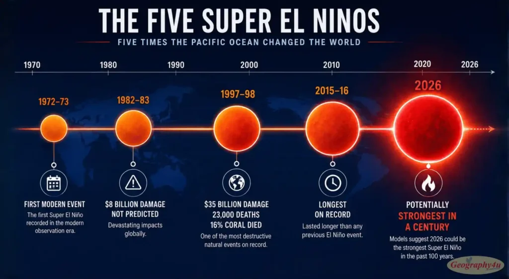 Timeline of major El Niño events 1972 1982 1997 2015 2026