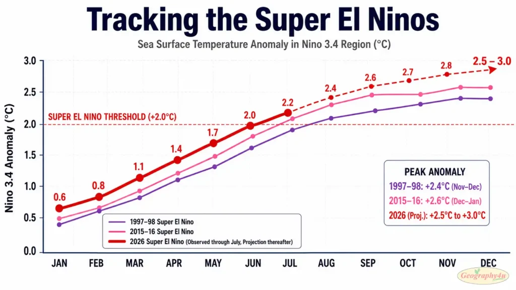 Chart comparing SST anomalies for 1997 2015 and 2026 El Niño