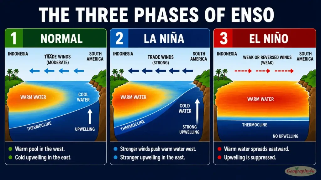 Three-panel Normal, La Niña, El Niño comparison