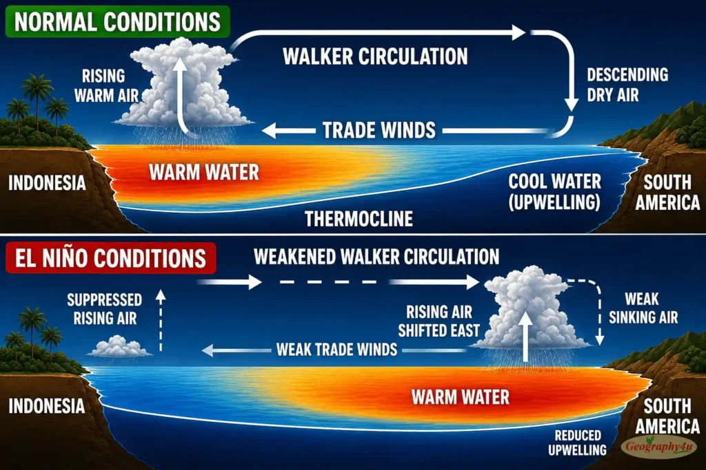 Walker Circulation normal versus disrupted during El Niño