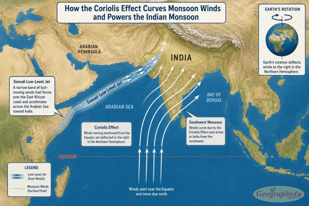 Diagram showing Coriolis Effect deflecting monsoon winds from south to southwest direction