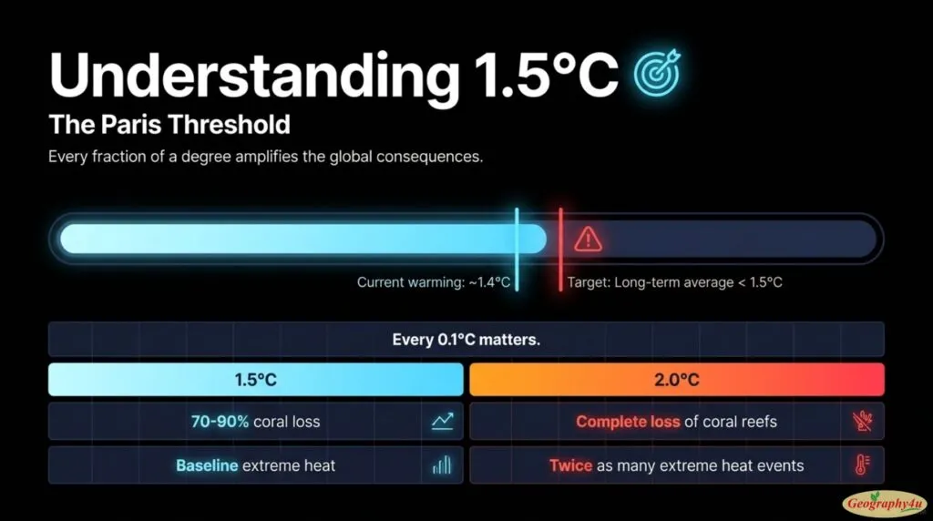 1.5C climate threshold and current temperature progress