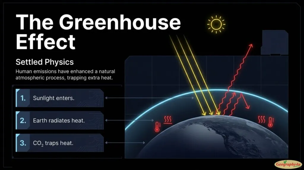 Scientific diagram of greenhouse effect showing heat trapping
